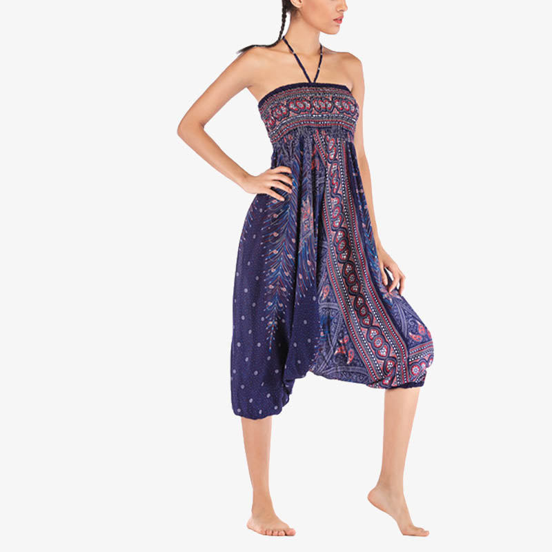 Nimara Ritual Two Style Wear Feathers Geometric Pattern Loose Smocked Trousers Jumpsuit Women's Yoga Pants