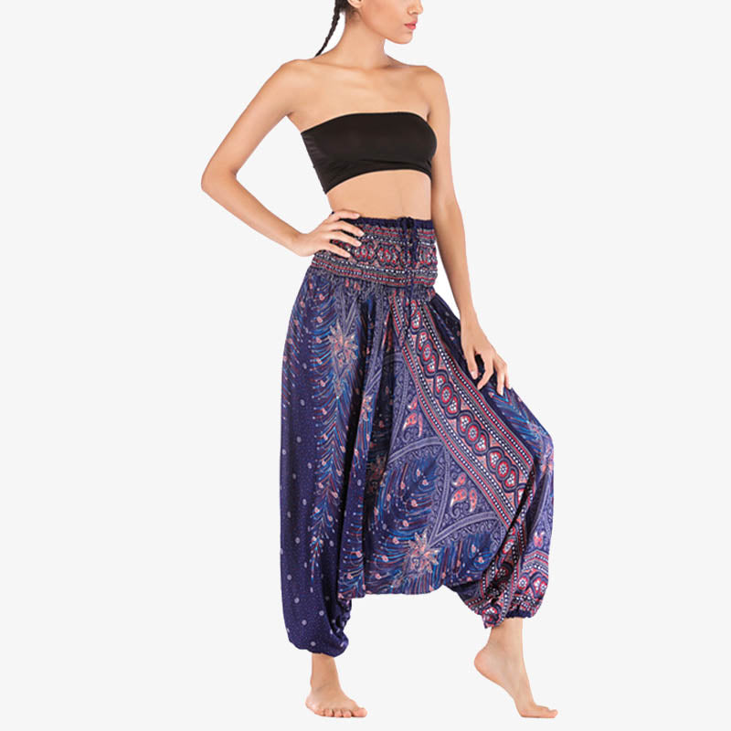 Nimara Ritual Two Style Wear Feathers Geometric Pattern Loose Smocked Trousers Jumpsuit Women's Yoga Pants