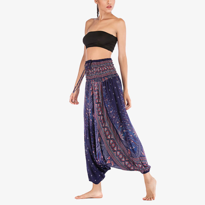 Nimara Ritual Two Style Wear Feathers Geometric Pattern Loose Smocked Trousers Jumpsuit Women's Yoga Pants