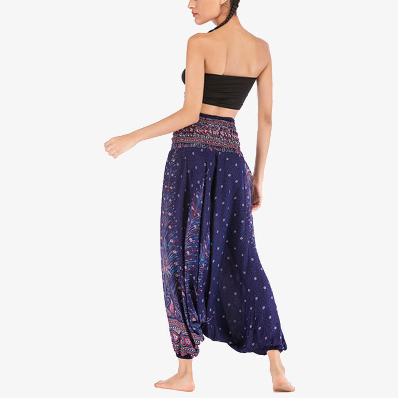 Nimara Ritual Two Style Wear Feathers Geometric Pattern Loose Smocked Trousers Jumpsuit Women's Yoga Pants