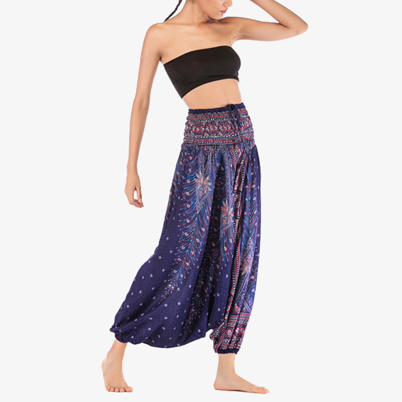Nimara Ritual Two Style Wear Feathers Geometric Pattern Loose Smocked Trousers Jumpsuit Women's Yoga Pants
