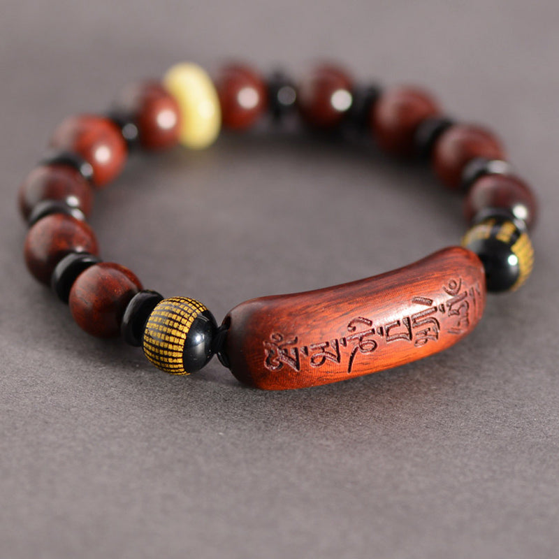 Nimara Ritual Small Leaf Red Sandalwood Om Mani Padme Hum Engraved Protection Bracelet