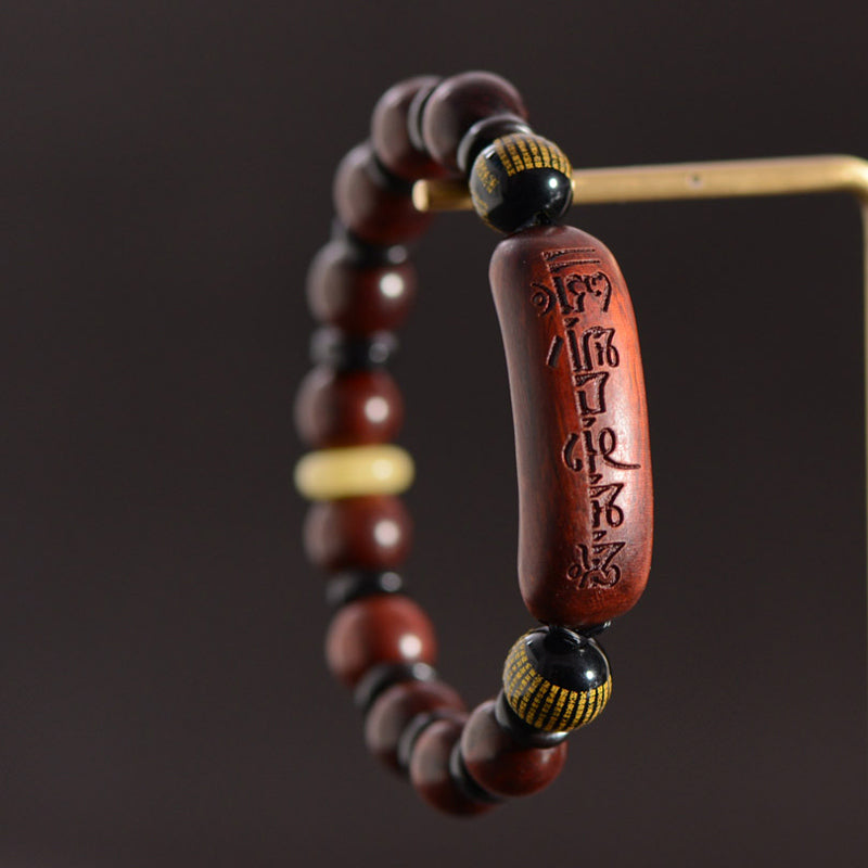 Nimara Ritual Small Leaf Red Sandalwood Om Mani Padme Hum Engraved Protection Bracelet