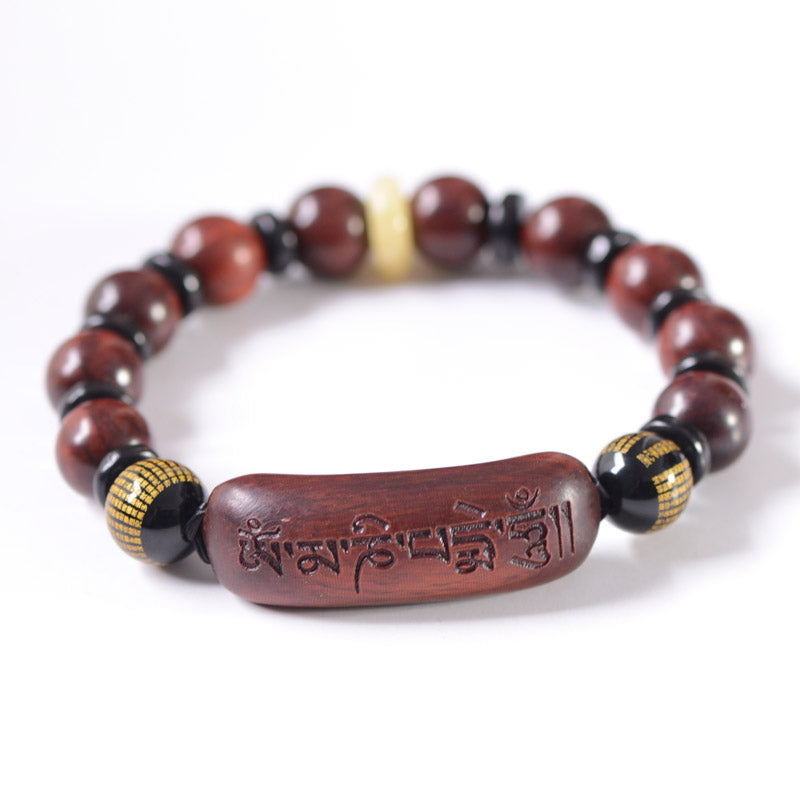 Nimara Ritual Small Leaf Red Sandalwood Om Mani Padme Hum Engraved Protection Bracelet