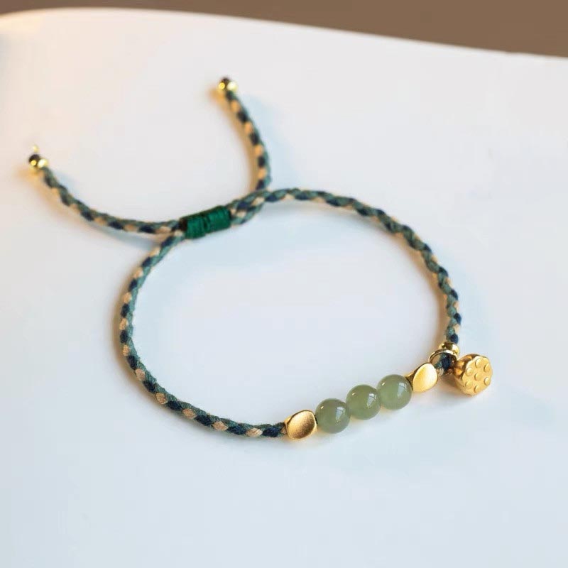 Nimara Ritual Handcrafted Hetian Jade Lotus Charm Luck Braided Bracelet