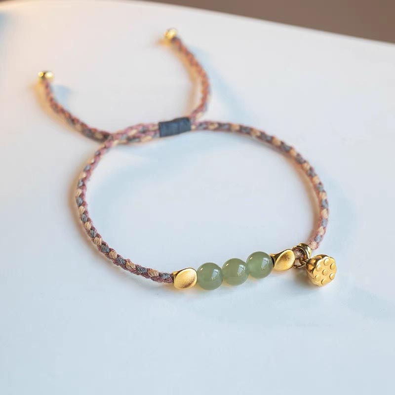 Nimara Ritual Handcrafted Hetian Jade Lotus Charm Luck Braided Bracelet