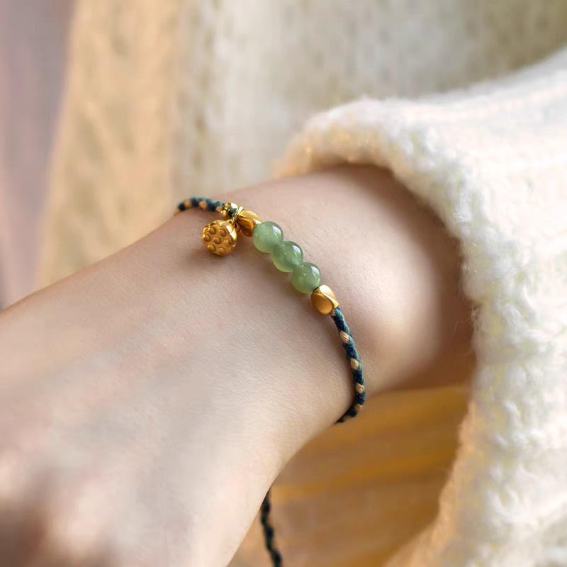 Nimara Ritual Handcrafted Hetian Jade Lotus Charm Luck Braided Bracelet
