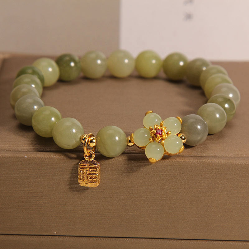 Nimara Ritual Green Jade Flower Fu Character Charm Luck Bracelet