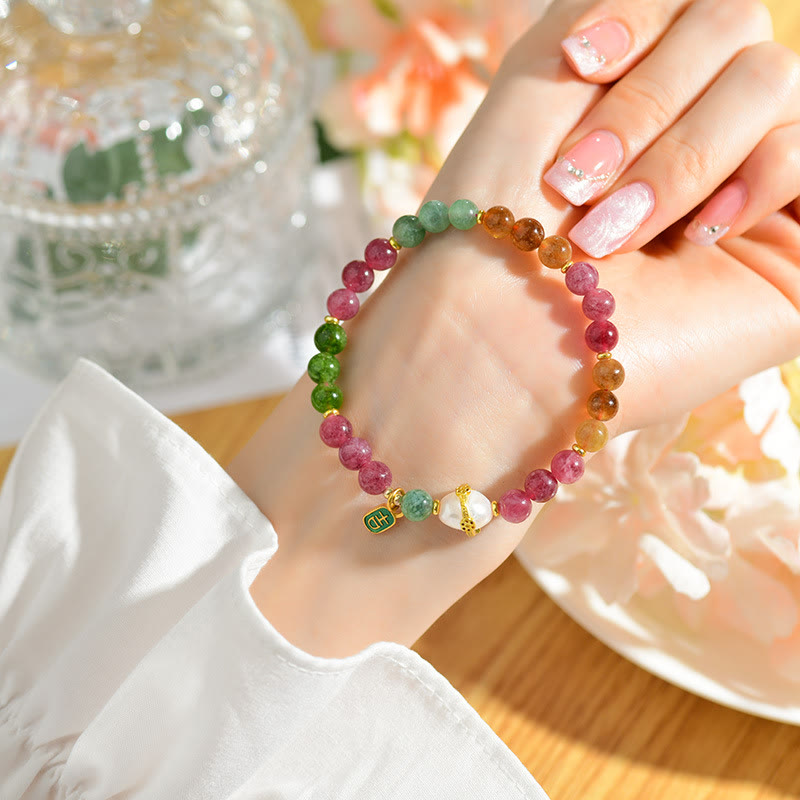 Nimara Ritual Natural Multicolored Tourmaline Pearl Auspicious Character Charm Wisdom Bracelet