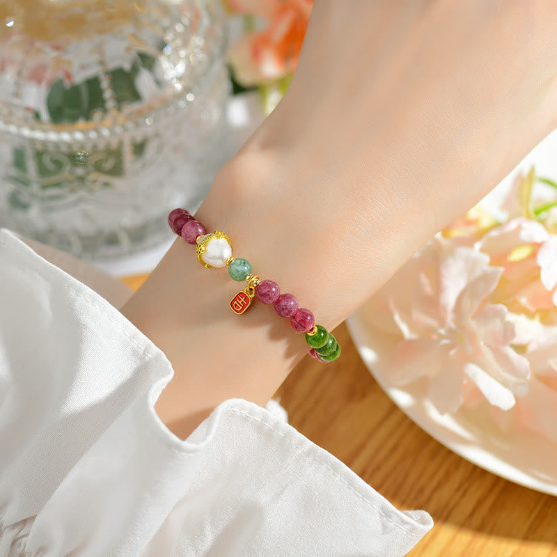 Nimara Ritual Natural Multicolored Tourmaline Pearl Auspicious Character Charm Wisdom Bracelet