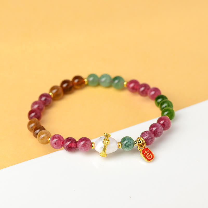 Nimara Ritual Natural Multicolored Tourmaline Pearl Auspicious Character Charm Wisdom Bracelet