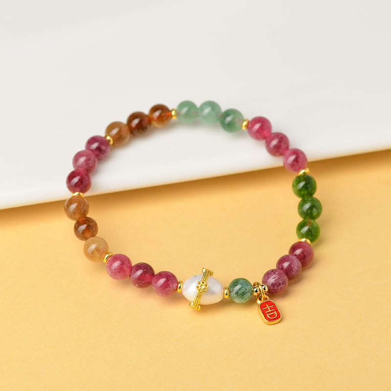 Nimara Ritual Natural Multicolored Tourmaline Pearl Auspicious Character Charm Wisdom Bracelet