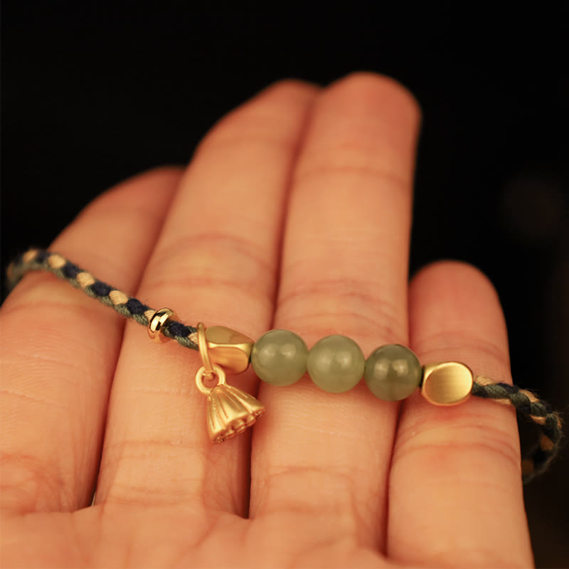 Nimara Ritual Handcrafted Hetian Jade Lotus Charm Luck Braided Bracelet