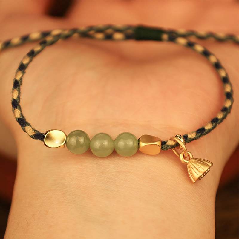 Nimara Ritual Handcrafted Hetian Jade Lotus Charm Luck Braided Bracelet