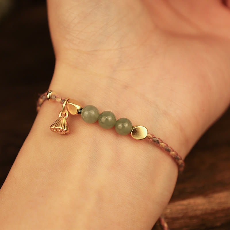 Nimara Ritual Handcrafted Hetian Jade Lotus Charm Luck Braided Bracelet