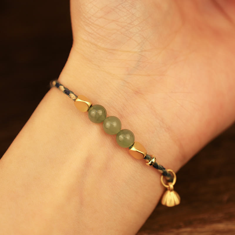 Nimara Ritual Handcrafted Hetian Jade Lotus Charm Luck Braided Bracelet