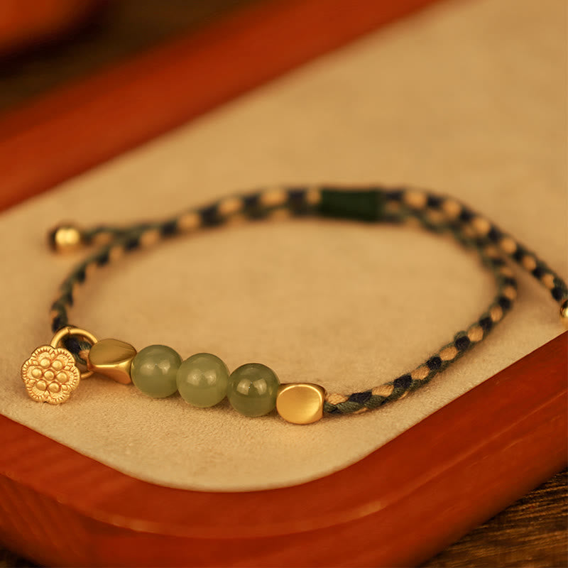 Nimara Ritual Handcrafted Hetian Jade Lotus Charm Luck Braided Bracelet