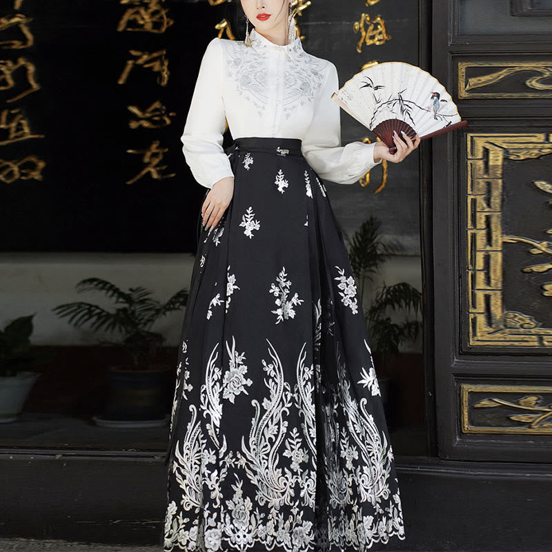 Nimara Ritual Flowers Leaves Feathers Long Sleeve Shirt Top Chinese Hanfu Ming Dynasty Horse Face Skirt Mamianqun Skirt