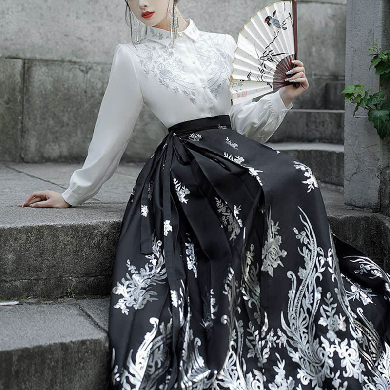 Nimara Ritual Flowers Leaves Feathers Long Sleeve Shirt Top Chinese Hanfu Ming Dynasty Horse Face Skirt Mamianqun Skirt