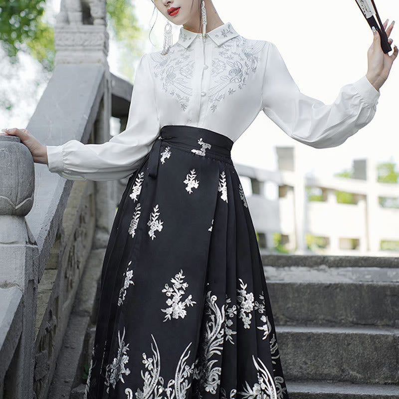 Nimara Ritual Flowers Leaves Feathers Long Sleeve Shirt Top Chinese Hanfu Ming Dynasty Horse Face Skirt Mamianqun Skirt