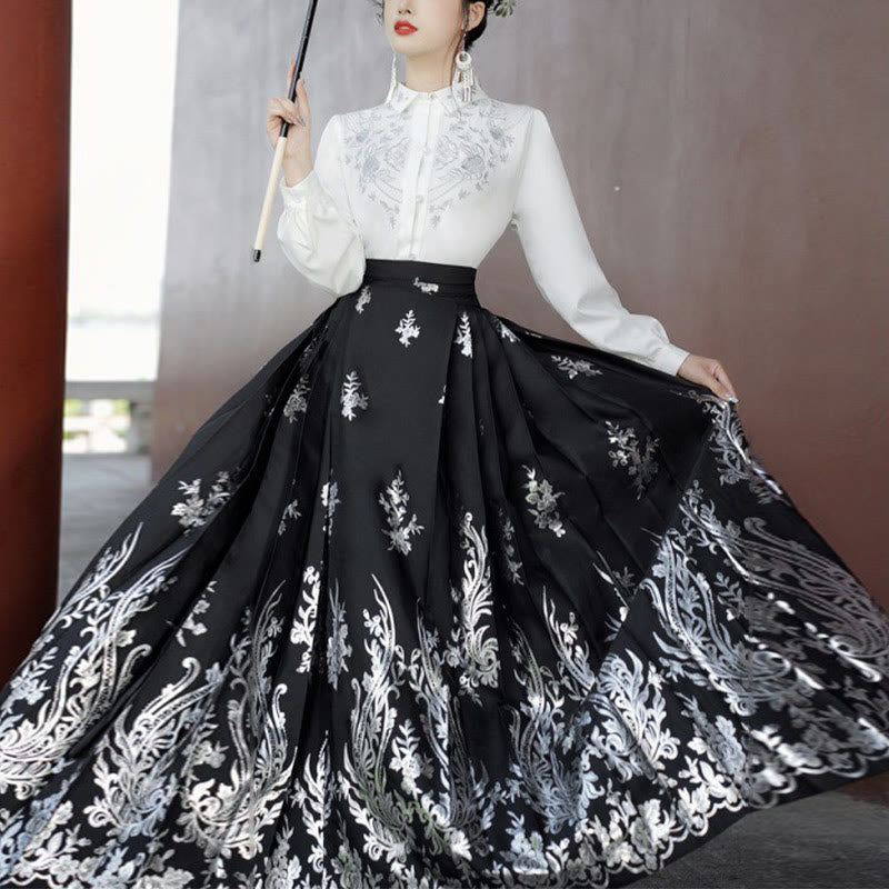 Nimara Ritual Flowers Leaves Feathers Long Sleeve Shirt Top Chinese Hanfu Ming Dynasty Horse Face Skirt Mamianqun Skirt