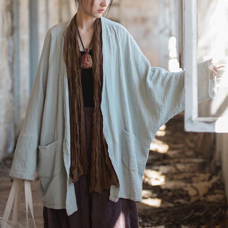 Nimara Ritual Plain Design Long Sleeve Coat Zen Meditation Open Front Top Cotton Jacket
