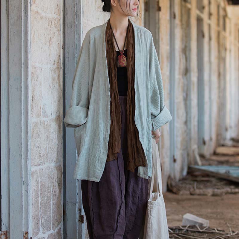 Nimara Ritual Plain Design Long Sleeve Coat Zen Meditation Open Front Top Cotton Jacket