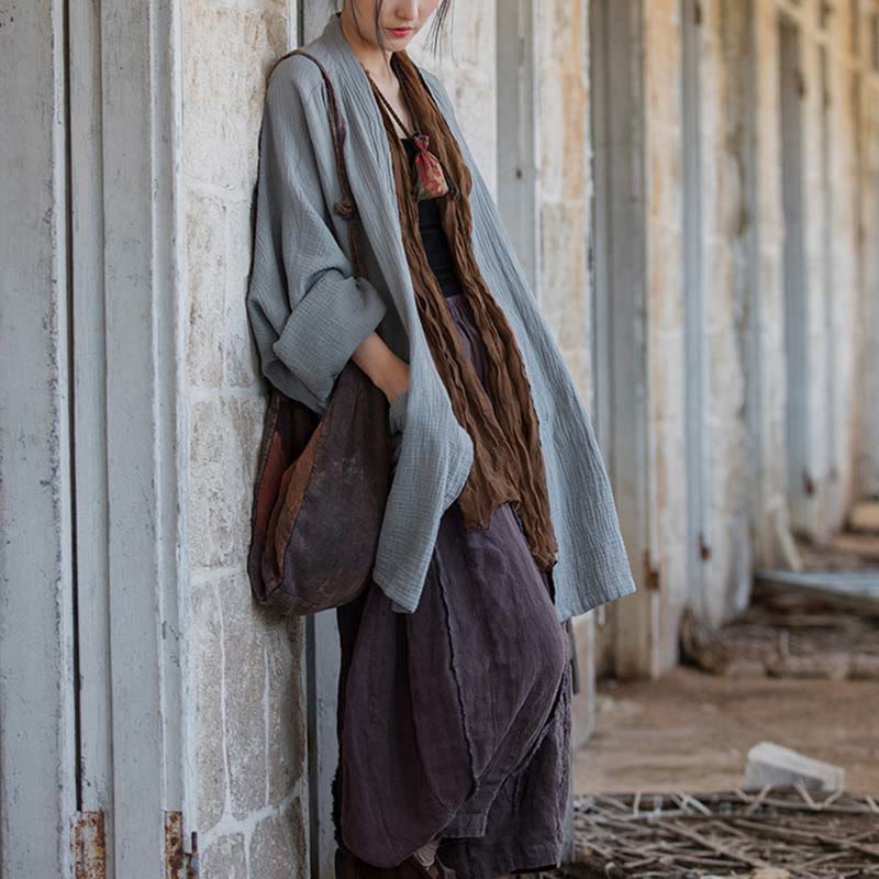 Nimara Ritual Plain Design Long Sleeve Coat Zen Meditation Open Front Top Cotton Jacket