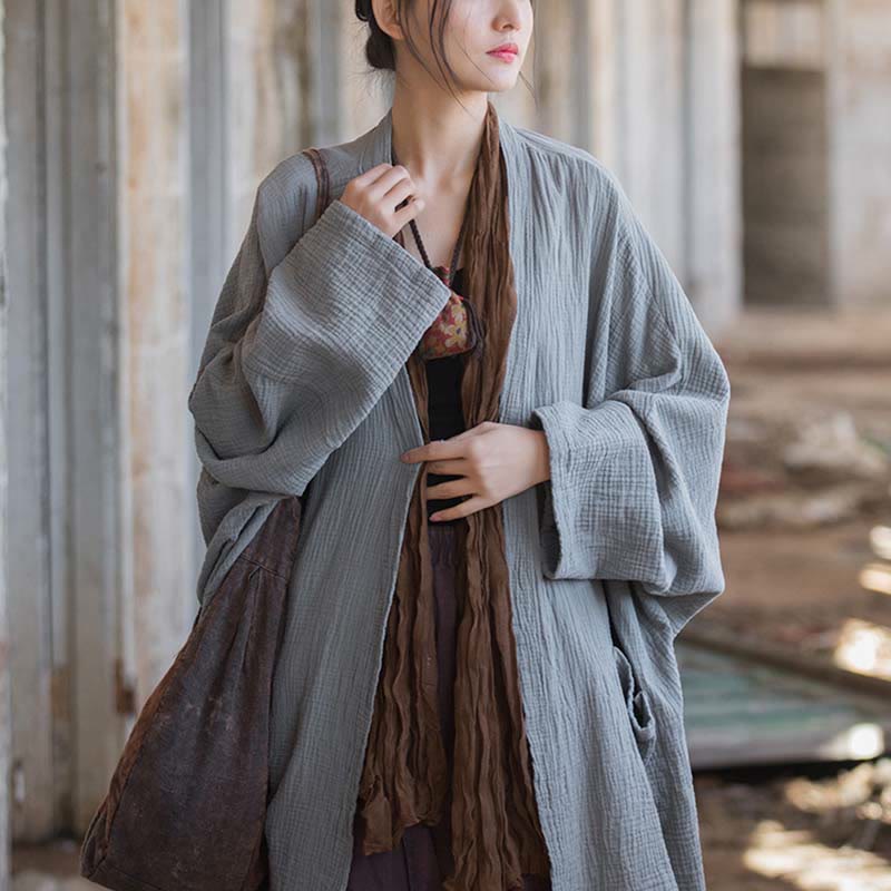 Nimara Ritual Plain Design Long Sleeve Coat Zen Meditation Open Front Top Cotton Jacket