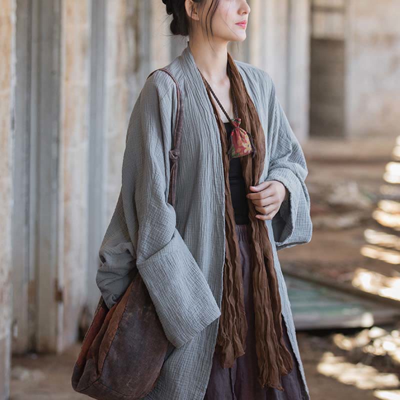 Nimara Ritual Plain Design Long Sleeve Coat Zen Meditation Open Front Top Cotton Jacket