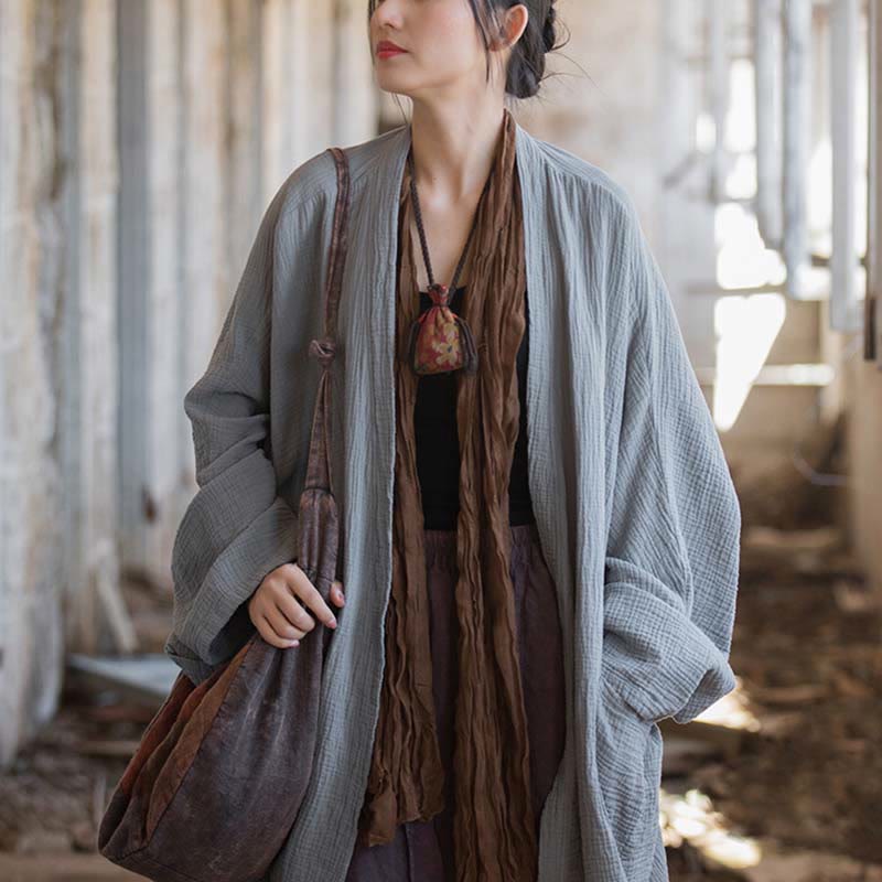 Nimara Ritual Plain Design Long Sleeve Coat Zen Meditation Open Front Top Cotton Jacket