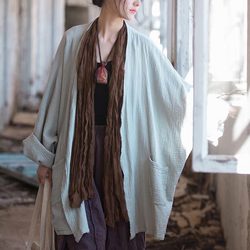Nimara Ritual Plain Design Long Sleeve Coat Zen Meditation Open Front Top Cotton Jacket