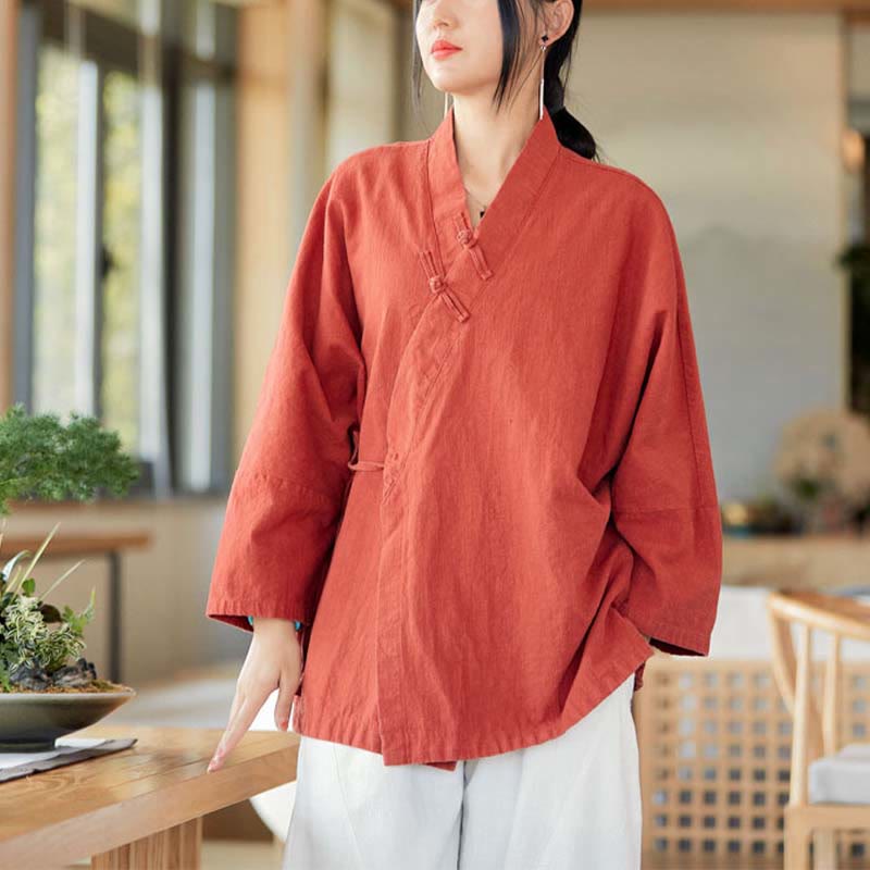 Nimara Ritual Frog-Button Hanfu Design Long Sleeve Coat Zen Meditation Open Front Top Jacket