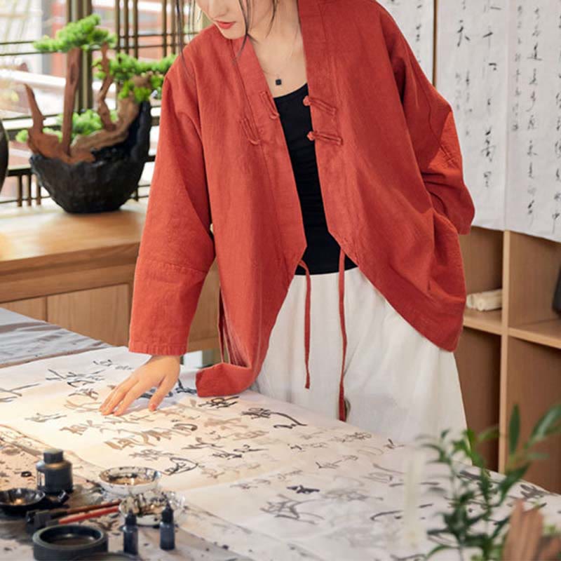 Nimara Ritual Frog-Button Hanfu Design Long Sleeve Coat Zen Meditation Open Front Top Jacket