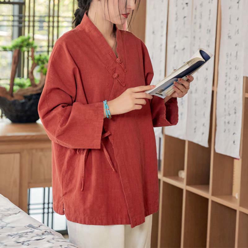 Nimara Ritual Frog-Button Hanfu Design Long Sleeve Coat Zen Meditation Open Front Top Jacket