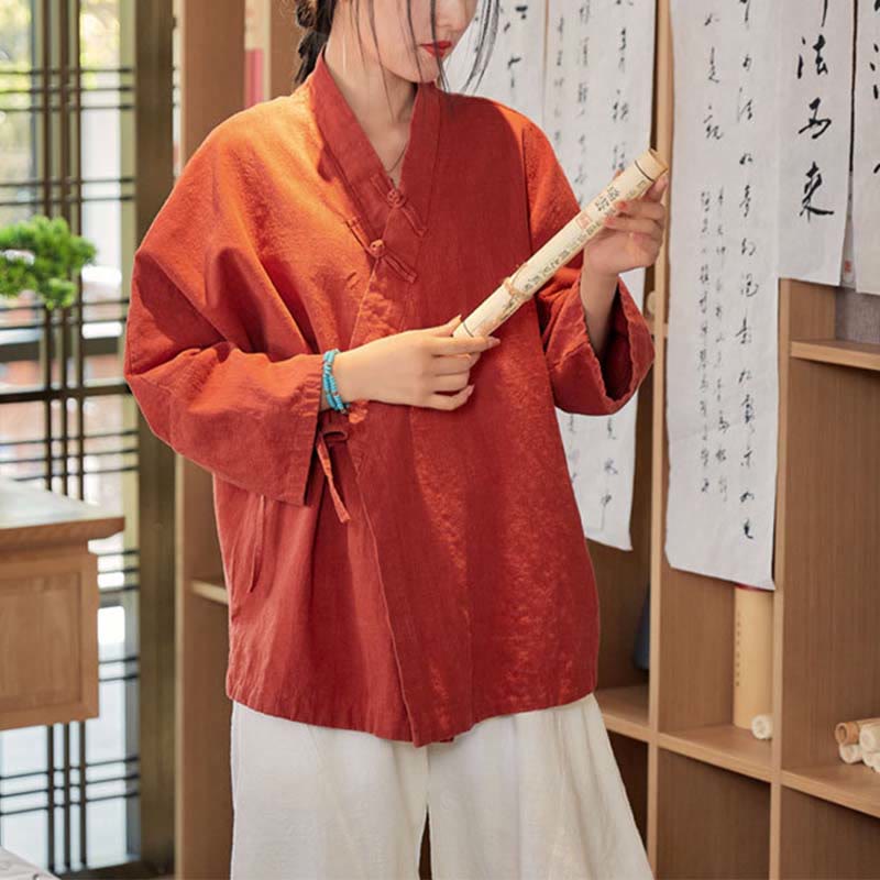 Nimara Ritual Frog-Button Hanfu Design Long Sleeve Coat Zen Meditation Open Front Top Jacket