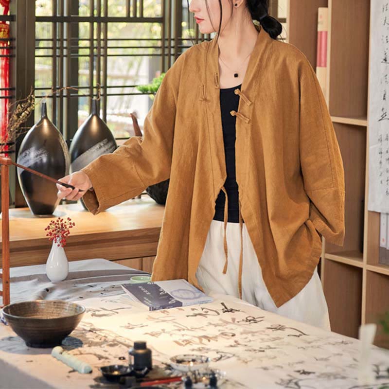 Nimara Ritual Frog-Button Hanfu Design Long Sleeve Coat Zen Meditation Open Front Top Jacket