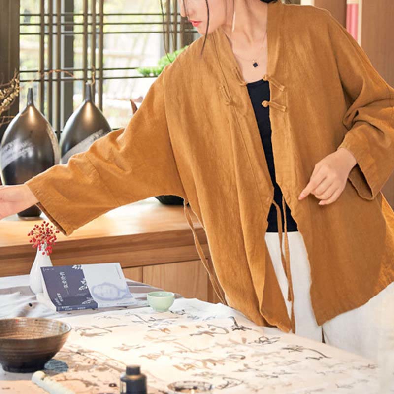 Nimara Ritual Frog-Button Hanfu Design Long Sleeve Coat Zen Meditation Open Front Top Jacket
