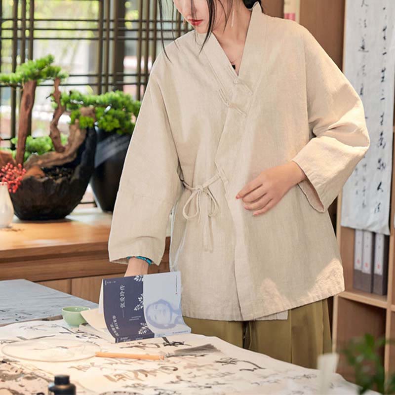 Nimara Ritual Frog-Button Hanfu Design Long Sleeve Coat Zen Meditation Open Front Top Jacket