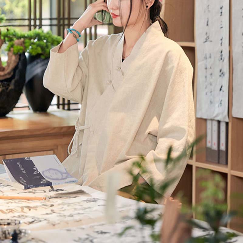 Nimara Ritual Frog-Button Hanfu Design Long Sleeve Coat Zen Meditation Open Front Top Jacket