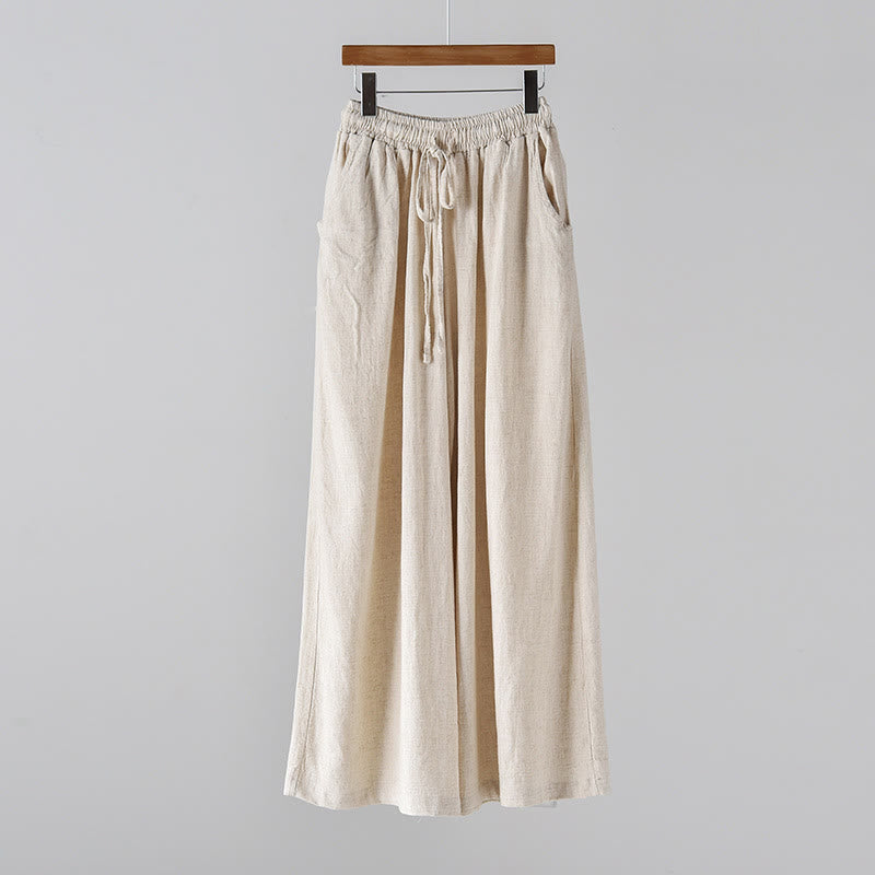 Nimara Ritual Loose Cotton Linen Drawstring Wide Leg Pants With Pockets