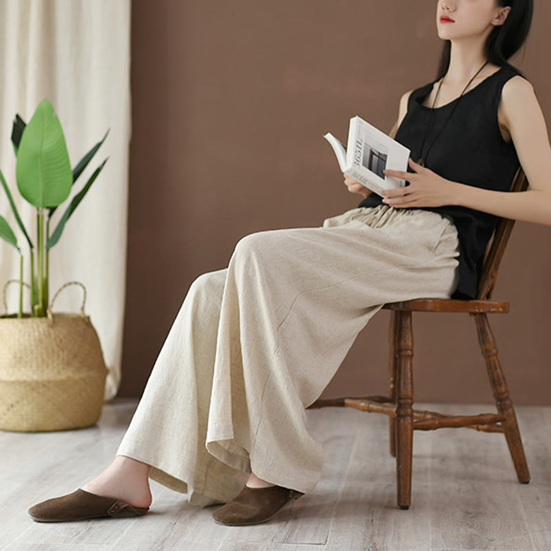 Nimara Ritual Loose Cotton Linen Drawstring Wide Leg Pants With Pockets