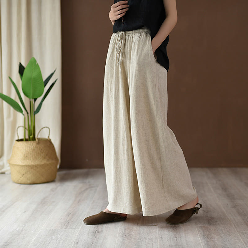 Nimara Ritual Loose Cotton Linen Drawstring Wide Leg Pants With Pockets