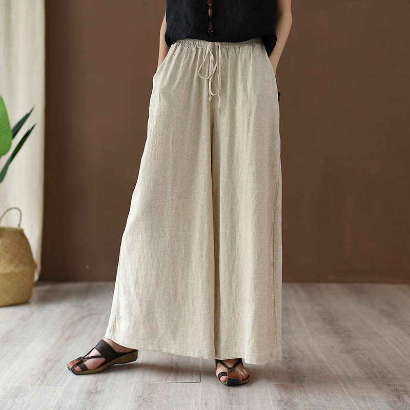 Nimara Ritual Loose Cotton Linen Drawstring Wide Leg Pants With Pockets