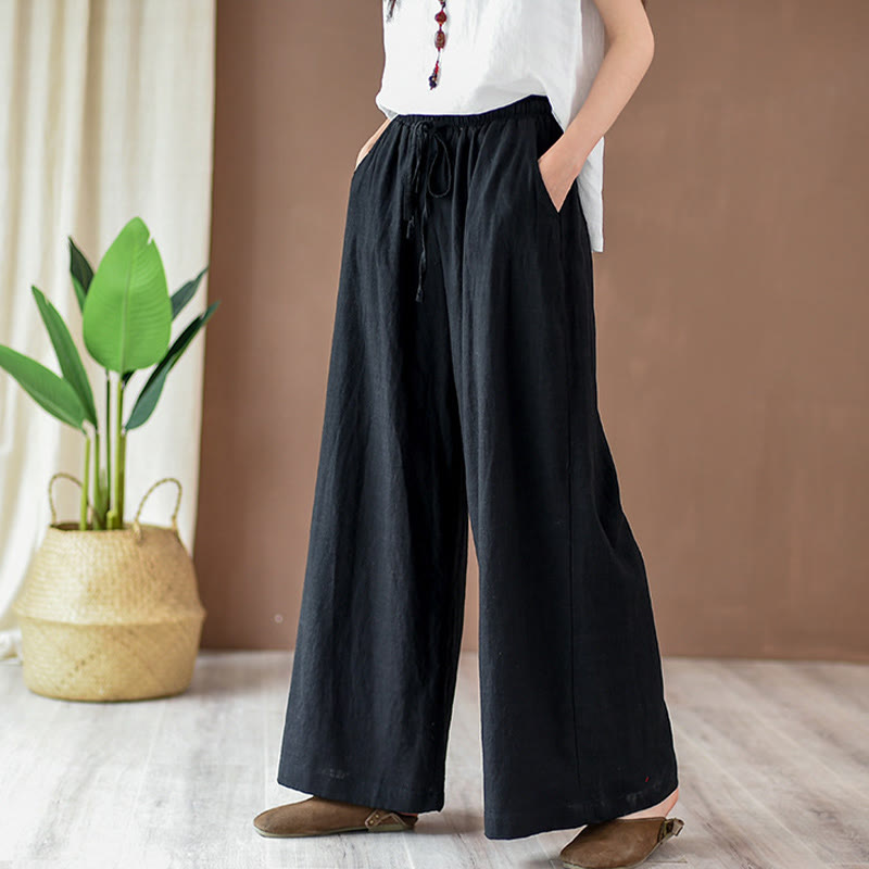 Nimara Ritual Loose Cotton Linen Drawstring Wide Leg Pants With Pockets