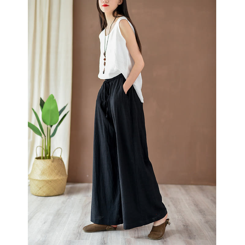Nimara Ritual Loose Cotton Linen Drawstring Wide Leg Pants With Pockets