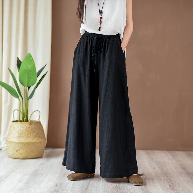 Nimara Ritual Loose Cotton Linen Drawstring Wide Leg Pants With Pockets