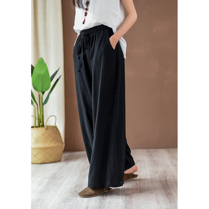 Nimara Ritual Loose Cotton Linen Drawstring Wide Leg Pants With Pockets