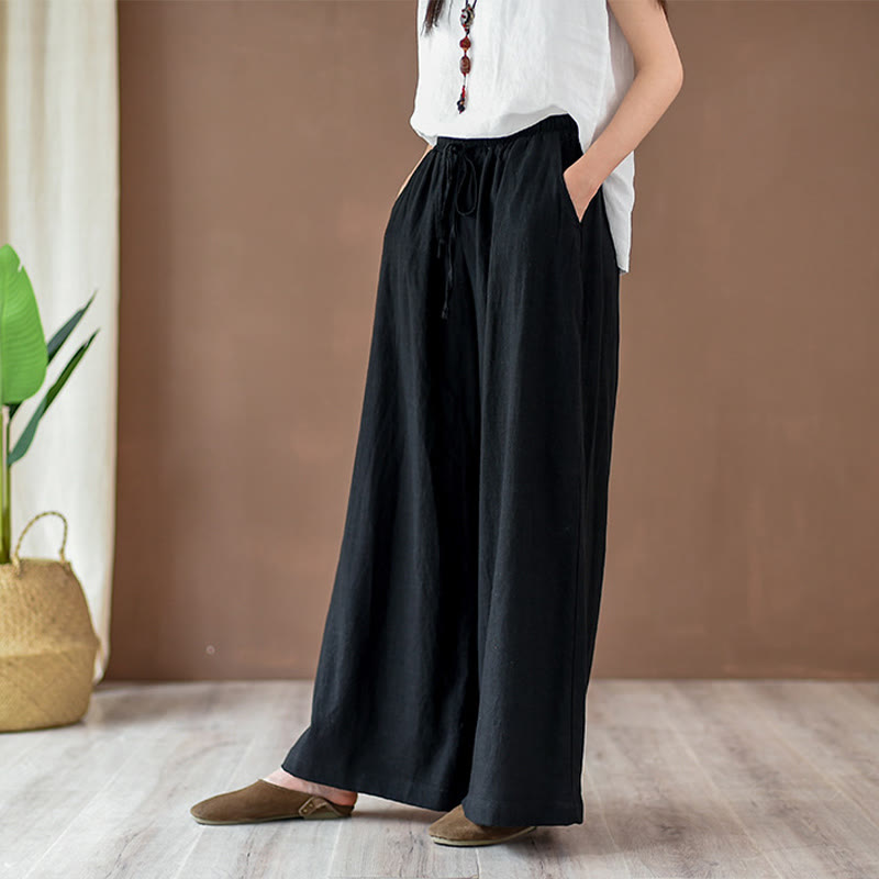 Nimara Ritual Loose Cotton Linen Drawstring Wide Leg Pants With Pockets
