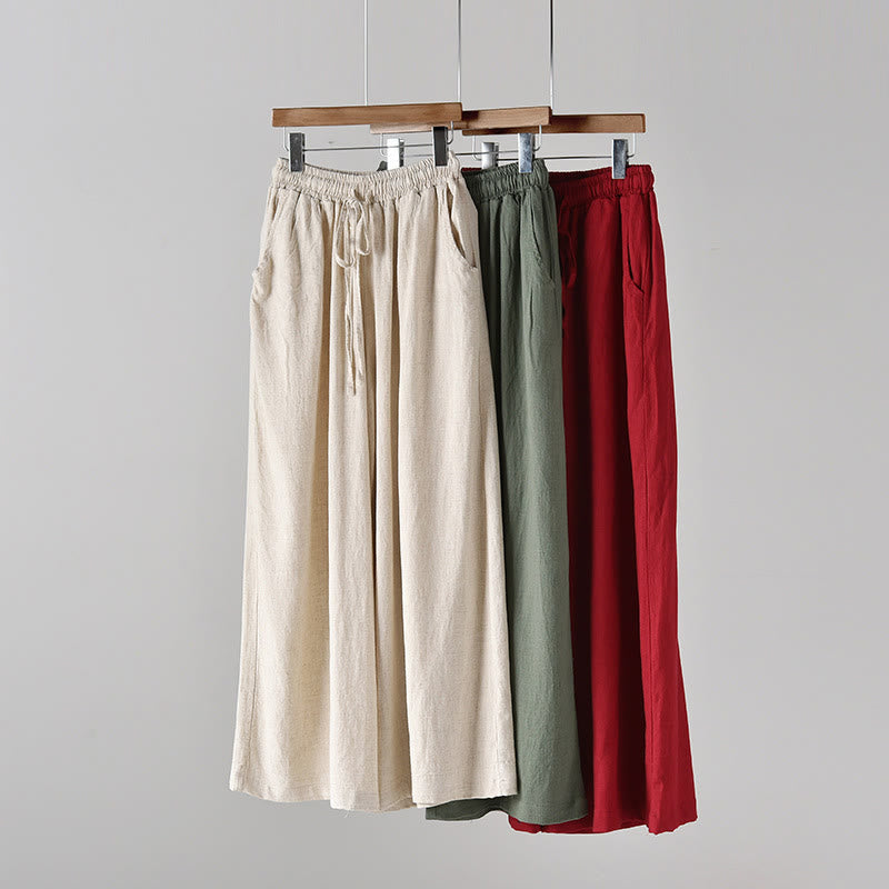 Nimara Ritual Loose Cotton Linen Drawstring Wide Leg Pants With Pockets